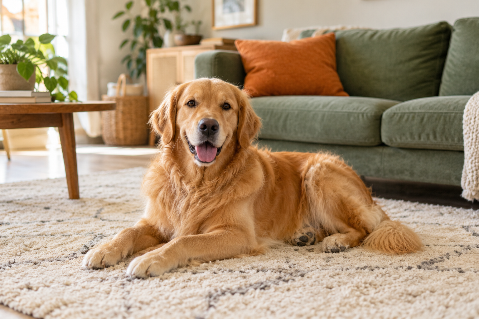 Illustrative relaxed golden retriever in a warm, comfortable home